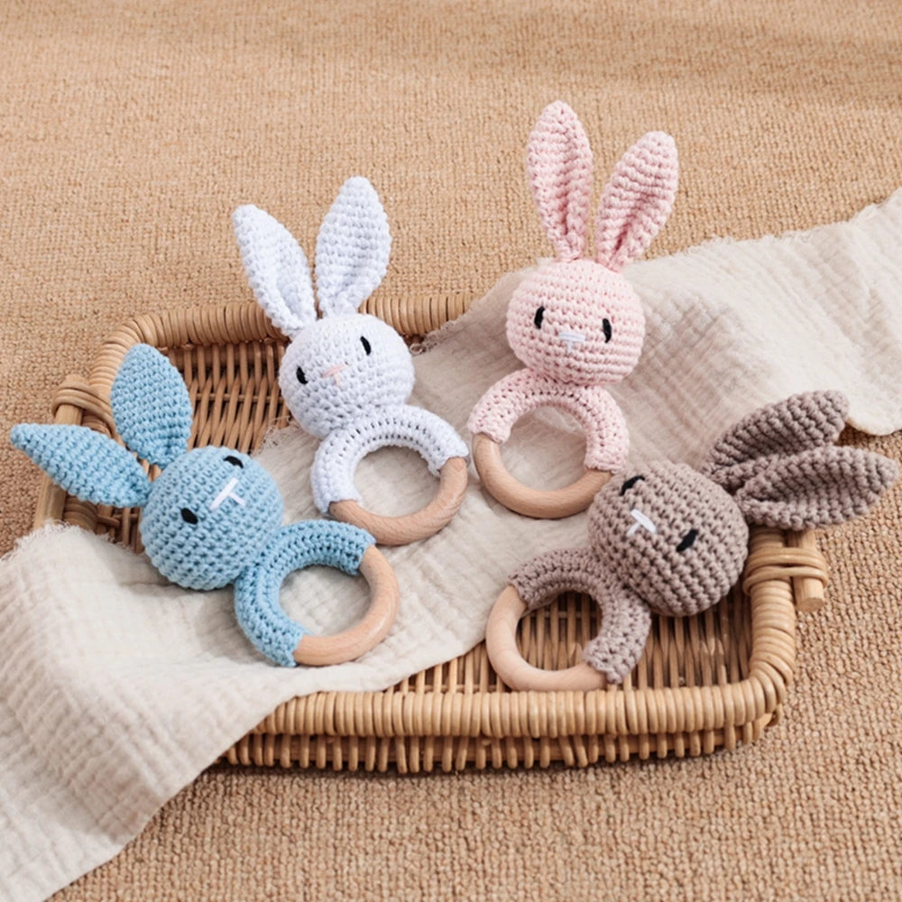 Baby Crochet Rattle Wooden Teether Toy BPA Free Wood Rodent Rabbit Rattle Baby Mobile Play Gym Newborn Educational Music Toys