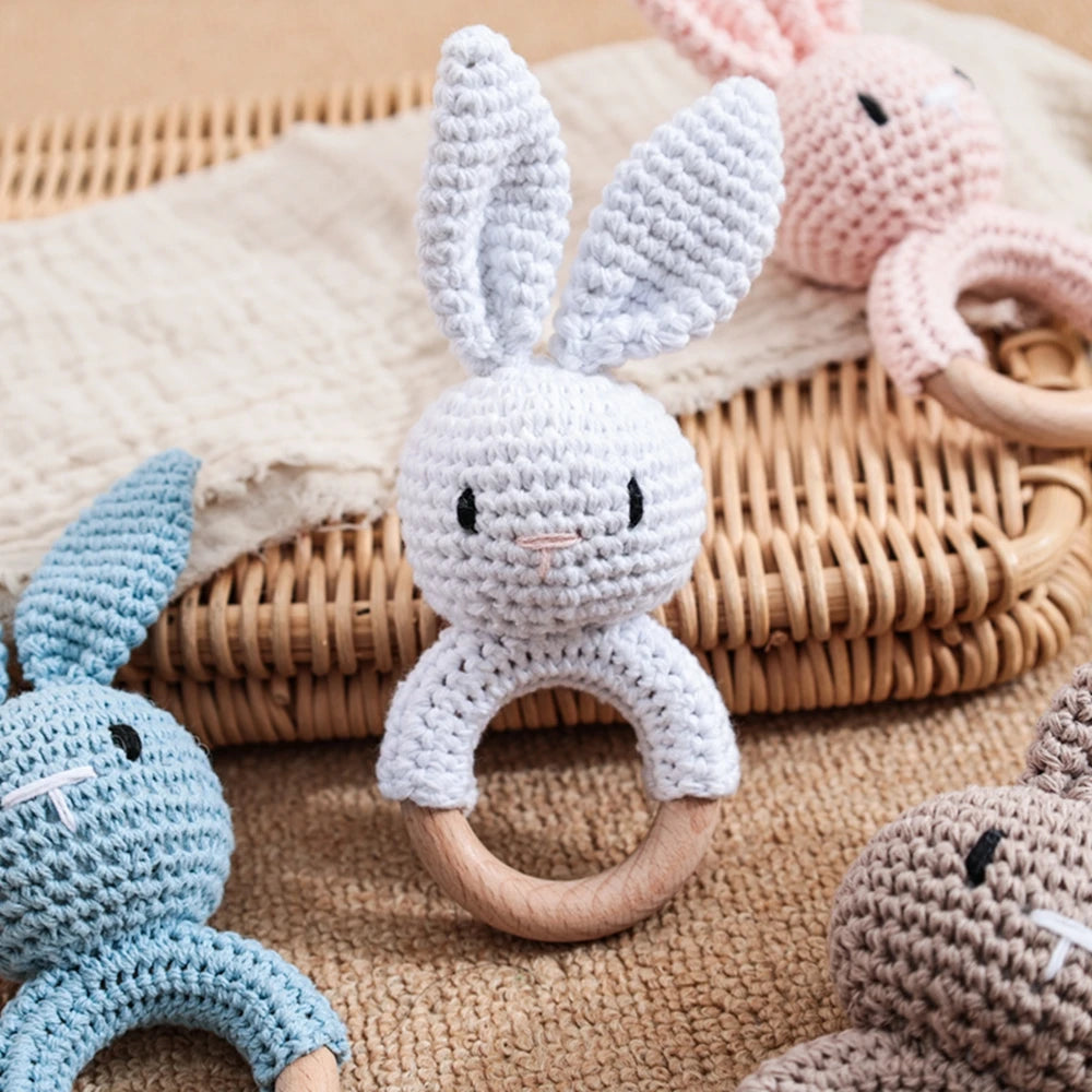 Baby Crochet Rattle Wooden Teether Toy BPA Free Wood Rodent Rabbit Rattle Baby Mobile Play Gym Newborn Educational Music Toys