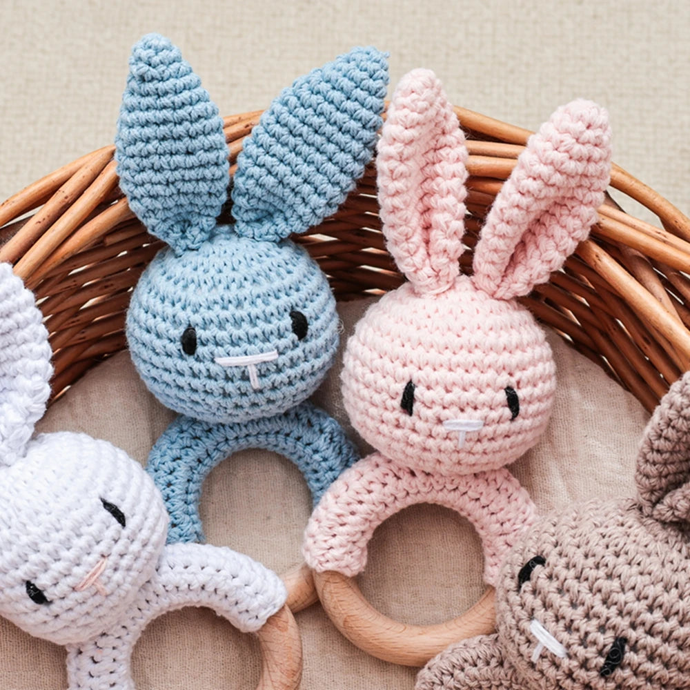 Baby Crochet Rattle Wooden Teether Toy BPA Free Wood Rodent Rabbit Rattle Baby Mobile Play Gym Newborn Educational Music Toys