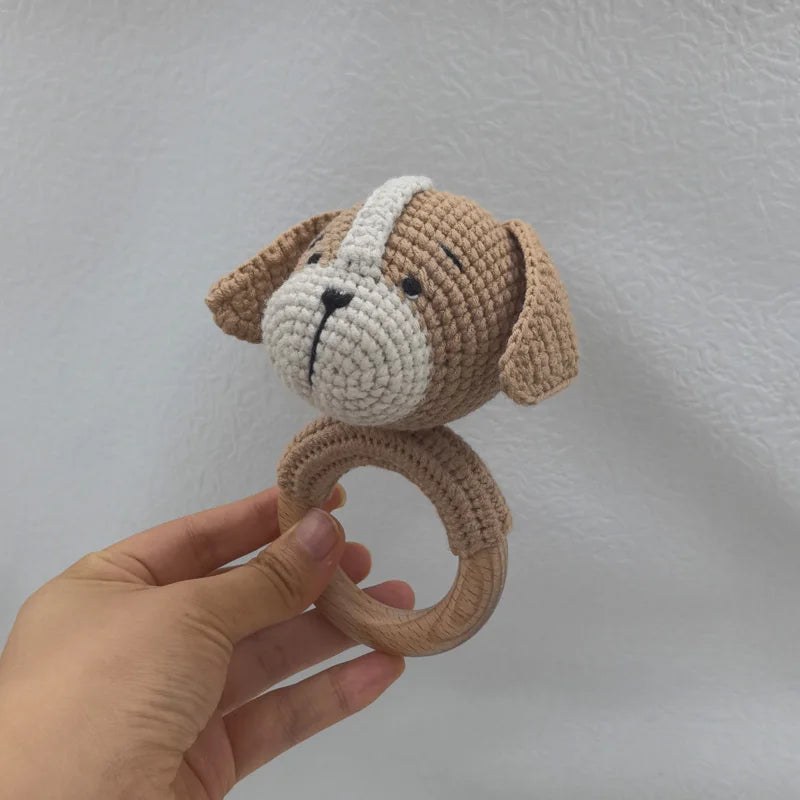Baby Music Rattle Toy Newborn Dog Crochet Rattle Cute Animal Crochet Rattle Soother Wooden Bracelet Teether Kids Wooden Toys