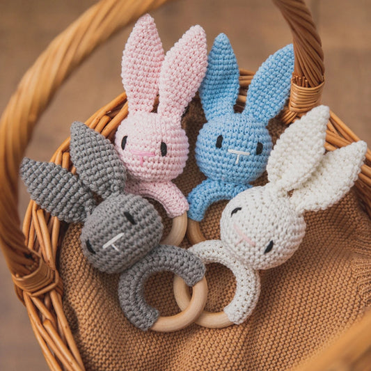 Baby Crochet Rattle Wooden Teether Toy BPA Free Wood Rodent Rabbit Rattle Baby Mobile Play Gym Newborn Educational Music Toys
